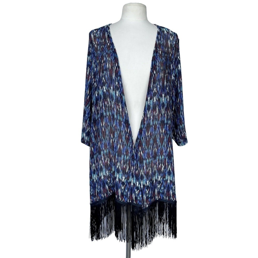 CATHERINES Cardigan Women’s Size 0X(14/16) Blue Fringes Hem Open Knit 3/4 Sleeve